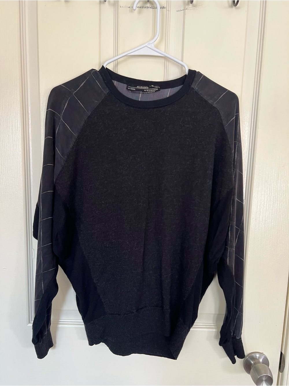 ALLSAINTS Black Wool Silk Sleeve Sweater Digitally Printed US 8